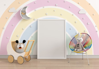Empty photo frame for mockup in child room, 3D rendering