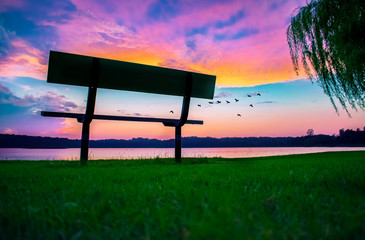 Perfect Park Bench At Sunset Outdoors