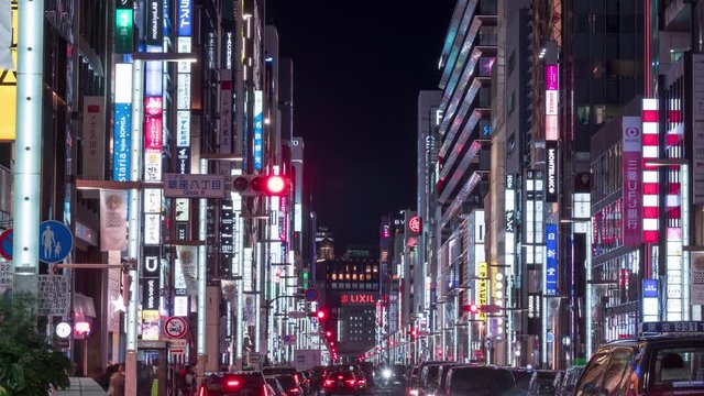 Night traffic in Ginza Central Street. Ginza is one of the most famous luxury districts in the world. 4K time lapse