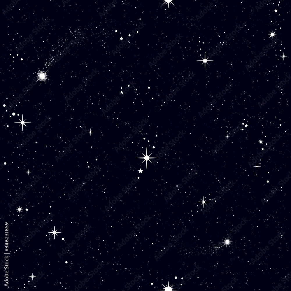 Wall mural Space seamless pattern, beautiful universe, night sky with stars. Texture for wallpapers, fabric, wrap, web page backgrounds, vector illustration