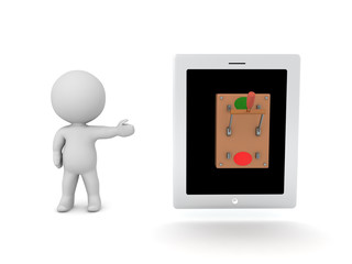 3D Character showing tablet with on off switch on it