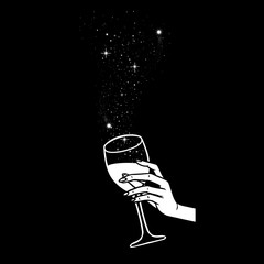 Cheers, girls drinking, hands with wine glasses and space stars potion, vector illustration - 346231873