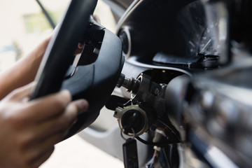 Fototapeta na wymiar Close Up car steering wheel repair after the accident.