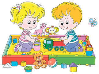 Happy small children friendly smiling, romping and playing with their colorful toys in a sandbox on a playground in a summer park, vector cartoon illustration