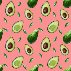 Seamless pattern of avocado. Avocado, hand-draw illustration in gouache on pink background. Food hand drawn illustration.Design for packaging, fabrics, textiles, wallpaper, website, postcards