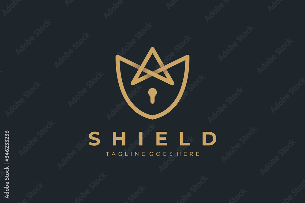 Poster abstract security logo. gold linear shield linked with star and keyhole inside isolated on dark back