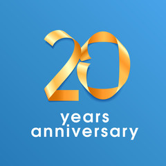 20 years anniversary vector icon, logo. Design element with golden ribbon