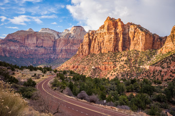 Sunny afternoon view of Zion Canyon National Park scenic road Utah USA