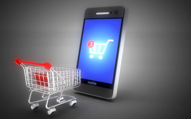 3d online shopping concept . smartphone laptop and cart. 3d illustration