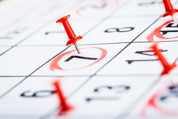 Fototapeta premium 2020 calendar page marked with an important date in red pin. timeline, time, concept, idea, management