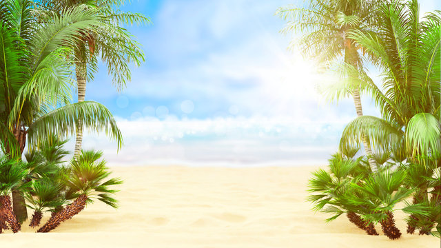 Abstract blur defocused background, nature of tropical summer beach with rays of sun light. Golden sand beach, sea water and palm leaves against sky. Copy space, summer vacation concept. 3d render.