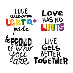 Set phrases. Lettering outline text in doodle style - Life,Gets,Better,Together.Copy space. LGBT rights symbol. Isolated. Vector illustration.