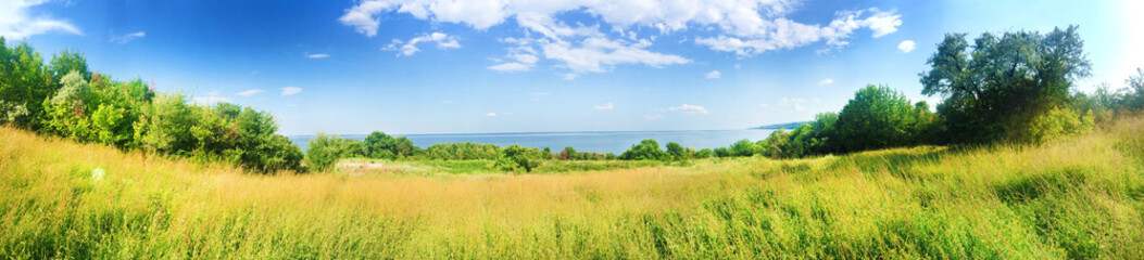 Fototapeta na wymiar Beautiful landscape of Kaniv Reservoir shore, Ukraine, in sunny day with bright cloudy sky