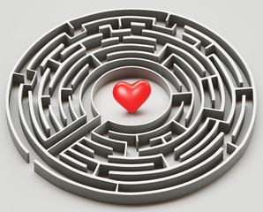 The complex world of emotions. Red heart hidden inside a maze. Love concept. 3d rendering