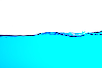 Water splash isolated on white. fresh blue natural drink water wave wide panorama. bubbles underwater background.