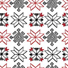 Red and black folk ornament seamless pattern. Ethnic decoration national endless background.