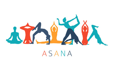 Female in swimsuit in different yoga positions. Woman silhouette making stretching exercises vector. Colorful girl silhouettes in yoga poses on white background.