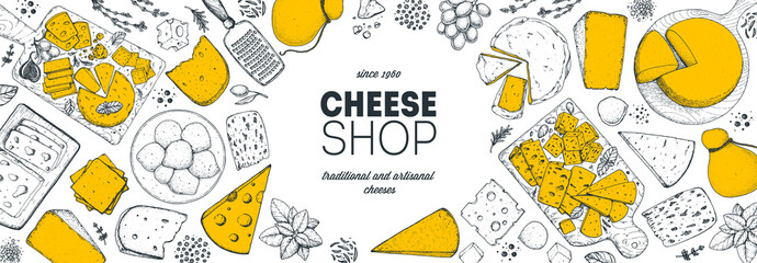 Cheese design template. Hand drawn sketch. Retro food background. Different cheese kinds banner. Dairy farm products cheese.