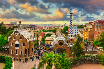 Park Guell in Barcelona, Catalunya, Spain. Architecture and landmark of Barcelona. Skyline of Barcelona