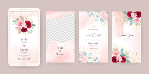 Electronic wedding invitation card template set with floral and watercolor background. Flowers illustration for social media stories, save the date, greeting, rsvp, thank you
