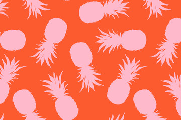 Pink pineapple seamless pattern. Hand-drawn pineapple silhouettes on an orange background. Trendy summer design for greeting cards, banner, wrapping paper and wallpapers. Summer fruits and summertime.