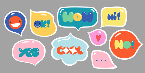 Speech bubbles with text. Colorful trendy letters in a variety of shapes. Creative hand-drawn design set. All elements are isolated.