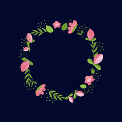 Vector round frame. Wreath of pink flower and green leaves on dark background. Place for Your text. Perfect for greeting, invitation, announcement, web, wedding design. Vector illustration.