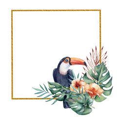 beautiful gold square frame with watercolor tropical leaves and flowers and toucan © svetazi