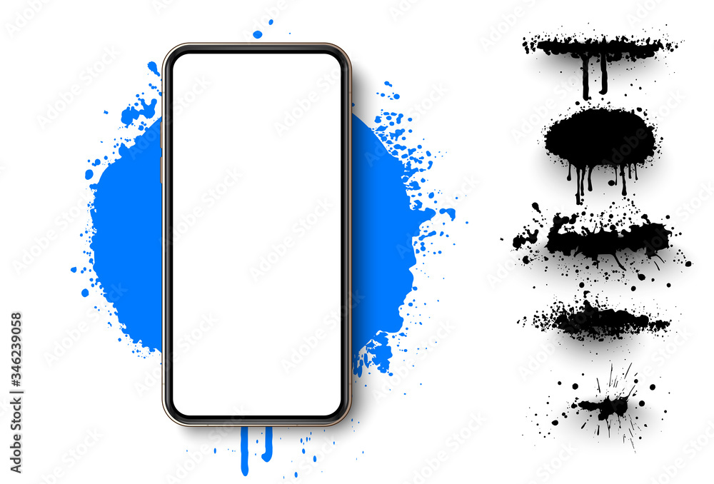 Poster smartphone blank screen, phone mockup. the view from the top of the phone on a blue spot. template f