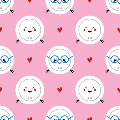 Cute cartoon robotic vacuum cleaner characters and hearts vector seamless pattern background.