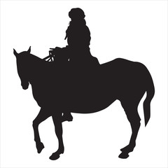 Vector silhouette of a woman, girl with horse. Rider sits on top of the horse and controls her. Illustration with a black stroke isolated on a white background. Horseback riding. Riding school.