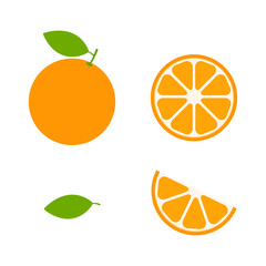 Orange set vector icon illustration isolated on white. Fruit citrus with pieces or slices. 