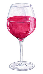 watercolor glass of red wine isolated on white background. Wine tasting decoration. Printable poster for bar or restaurant 