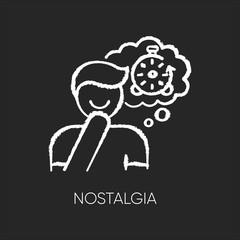 Nostalgia chalk white icon on black background. Positive mood. Man feeling sentimental. Person reflecting on past times. Memory trigger. Emotional intelligence. Isolated vector chalkboard illustration