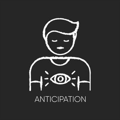 Obraz na płótnie Canvas Anticipation chalk white icon on black background. Man expecting future. Person with intuitive prediction. Third eye. Spiritual experience. Mental state. Isolated vector chalkboard illustration