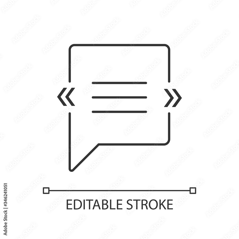 Poster chat bubble with angle quotes pixel perfect linear icon. empty square box for direct speech. thin li