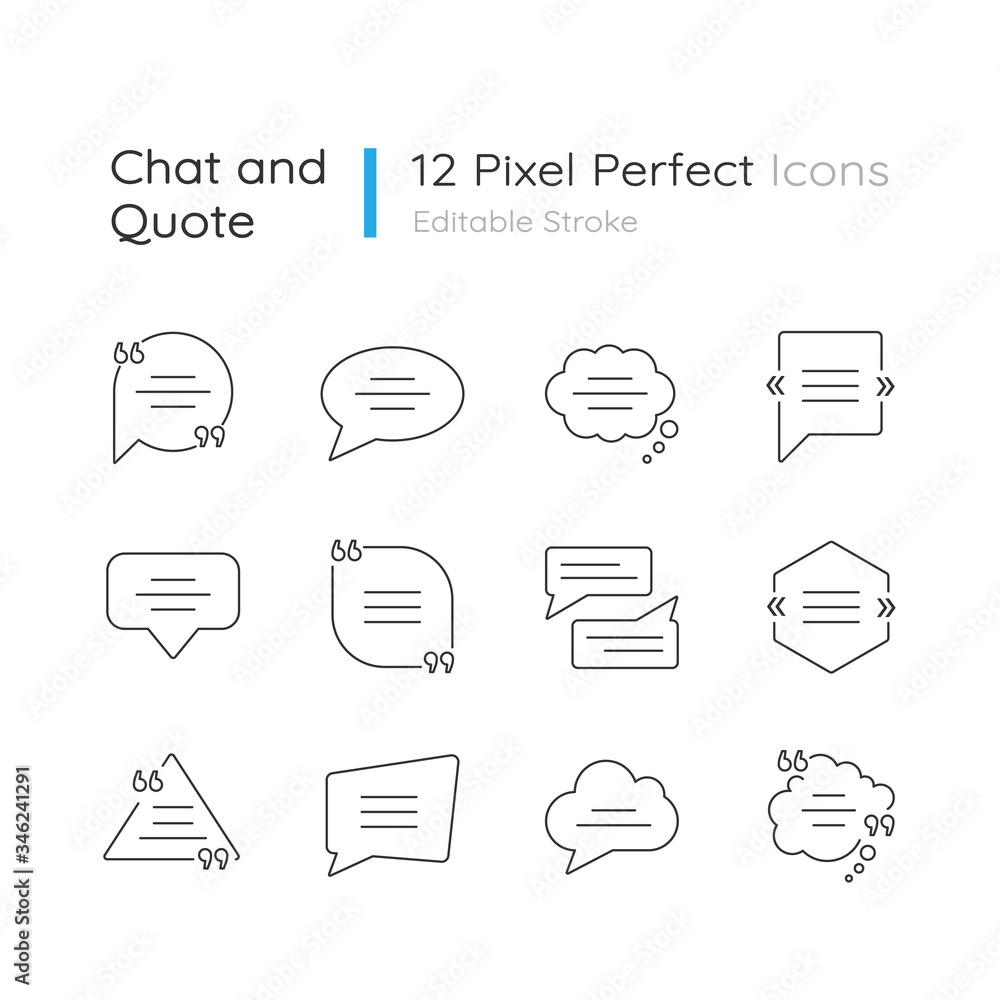 Poster dialogue box pixel perfect linear icons set. blank speech clouds various shapes. empty textbox. cust