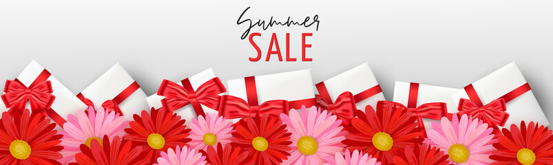 Summer sale banner. Daisy flowers and gift boxes. vector illustration.