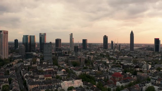 The Skyline of Frankfurt am Main Germany during golden hour slow dolly out