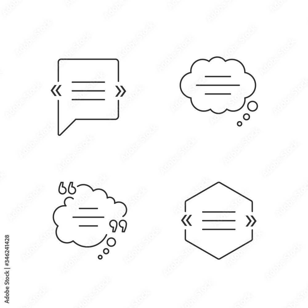 Poster chat bubble with quotation marks pixel perfect linear icons set. empty dream clouds. customizable th