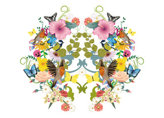 symmetrische Blüten,Vögel und Schmetterlinge