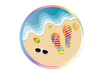 Naklejka premium Strandutensilien und Muscheln im Sand am Meer