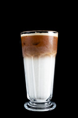 Fresh tasty cocktails. milkshake. Cup of coffee in clear long glass. Isolated. Latte with ice cream and cookies and straw.