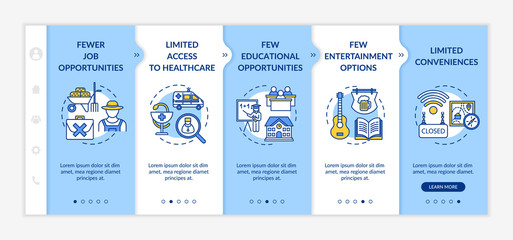 Country living disadvantage onboarding vector template. Fewer education opportunity. Unemployment in village. Responsive mobile website with icons. Webpage walkthrough step screens. RGB color concept