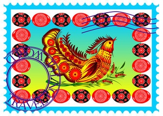 post stamp Ukraine Ukrainian folklore bird folk art Petrykivka decorative painting vector 
eps Canada diaspora travel tourism