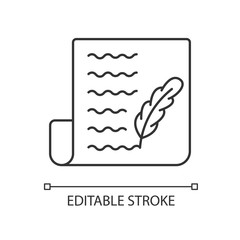 Blog pixel perfect linear icon. Writing personal diary. Feather pen symbol on sheet of paper. Thin line customizable illustration. Contour symbol. Vector isolated outline drawing. Editable stroke