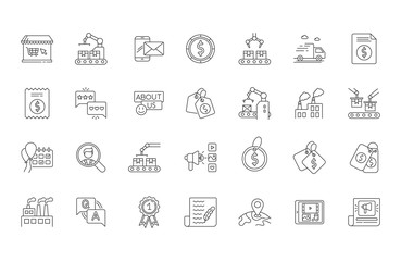 Social media pixel perfect linear icons set. E commerce and retail. Online shopping. Internet trade. Customizable thin line contour symbols. Isolated vector outline illustrations. Editable stroke