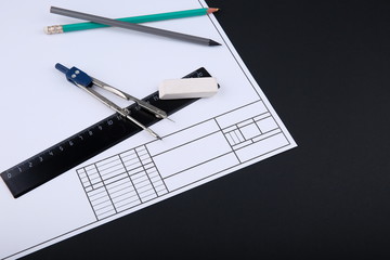 engineering education concept. drafting accessories and drafting paper with copy space