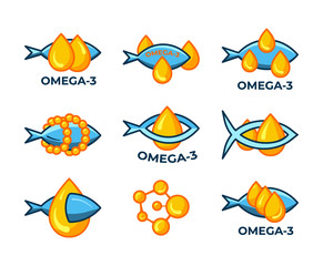 Set of fish oil icons isolated on white background. Vitamin omega 3 template. Drops and fish silhouette. Flat style. Treatment nutrition skin care vector design.