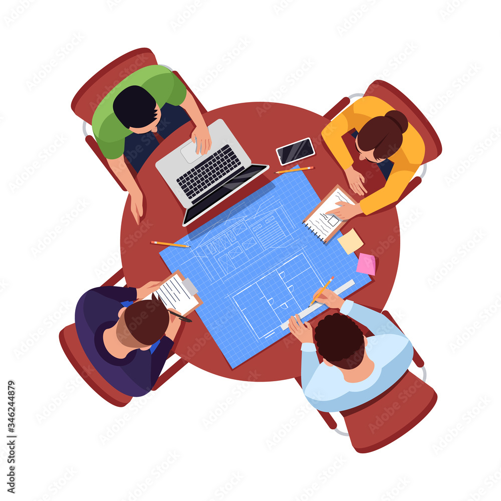 Poster architect team plan semi flat rgb color vector illustration. worker meeting at work table. teamwork 